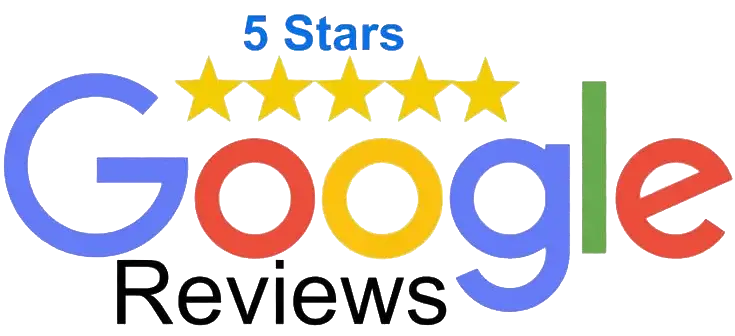 Google Reviews graphic with five yellow stars and blue text reading "5 Stars" above the Google logo, indicating a five-star rating.