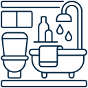 Line drawing of a bathroom, perfect for bathroom renovation in Surrey BC, showing a toilet, a bathtub with a towel and bottles, a showerhead with water drops, and a window.