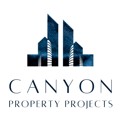 Logo for Canyon Property Projects featuring stylized blue high-rise buildings above the company name in modern, uppercase font, reflecting expertise in property maintenance.