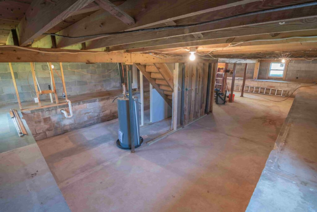 Unfinished basement with exposed wooden beams, concrete floor, cinder block walls, visible plumbing, and a water heater next to a wooden staircase—an ideal starting point if you're wondering what is the process for renovating a basement in Coquitlam.